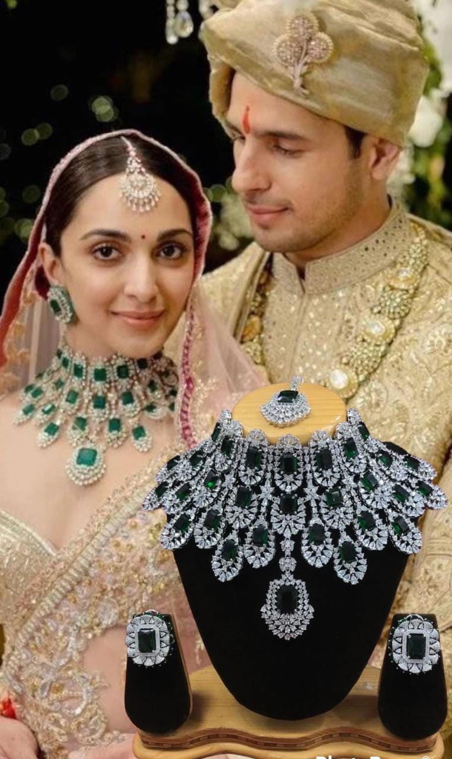 Kiara Advani Emerald Green American Diamond Necklace Set With Earrings Maang Tikka, Designer