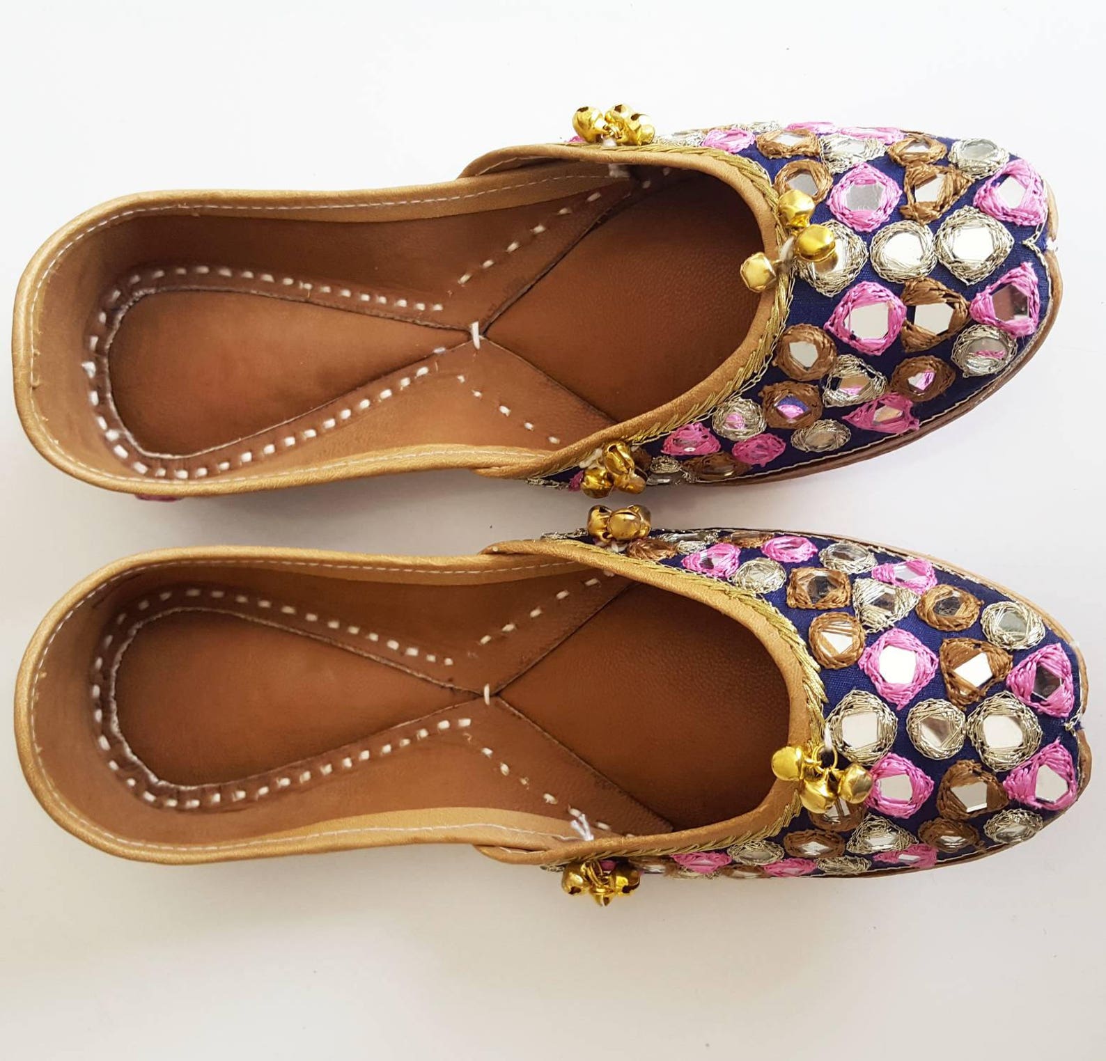 pink and navy blue punjabi jutti with mirrors and bells - slip on ballet flats with mirrors, blue ballet flats, indian jewlery,