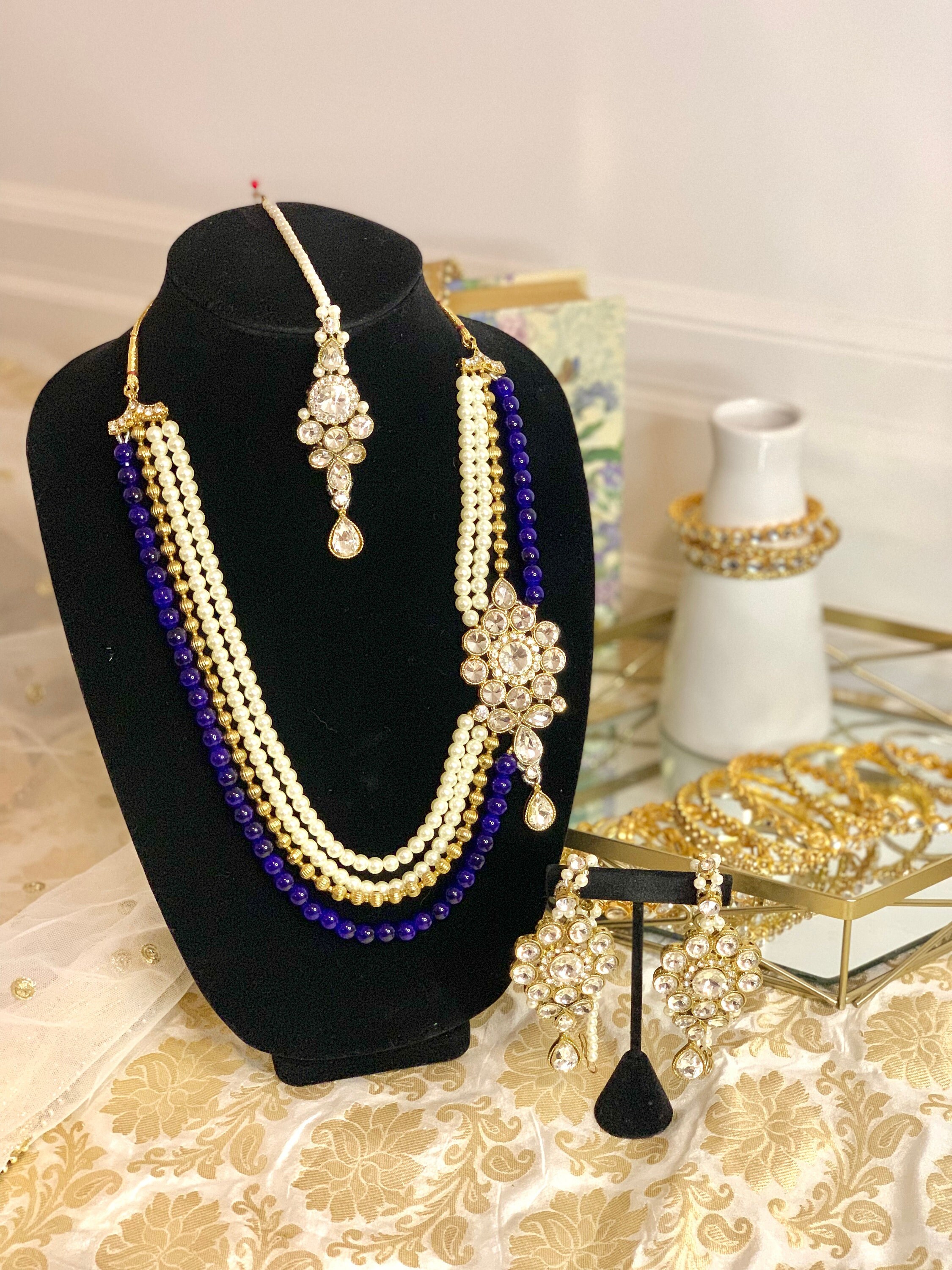 Royal Blue and Pearl Rani Haar Set With Earrings and Maang Tikka