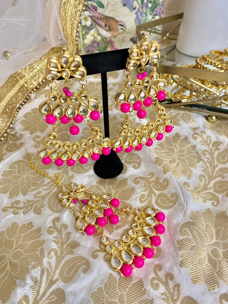 Pink and Gold Kundan famous outlet Indian Jewelry with Earrings Large Set