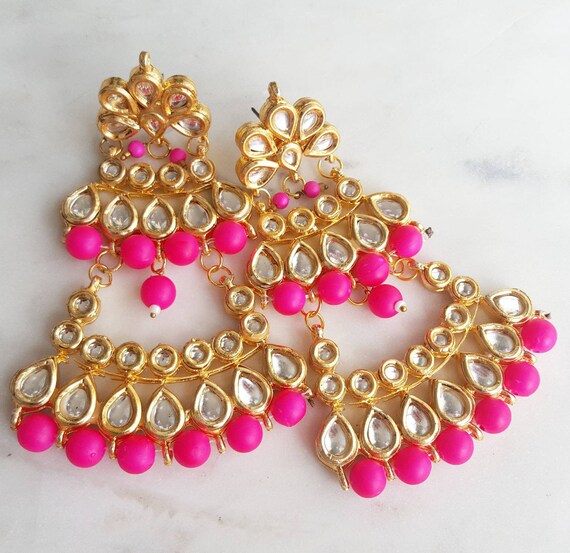 Pink And Gold Kundan Indian Jewelry Set With Large Earrings Etsy
