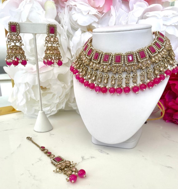 Pink Antique Gold Polki Bridal Choker Necklace Set With Jhumka -  Israel