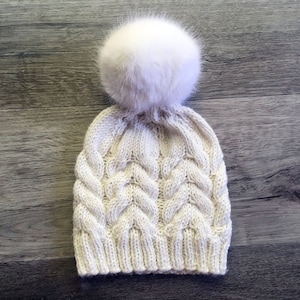 KNITTING PATTERN - Alpine Cabled Hat, Winter Beanie DIY knit your own, worsted weight yarn faux fur pom pom