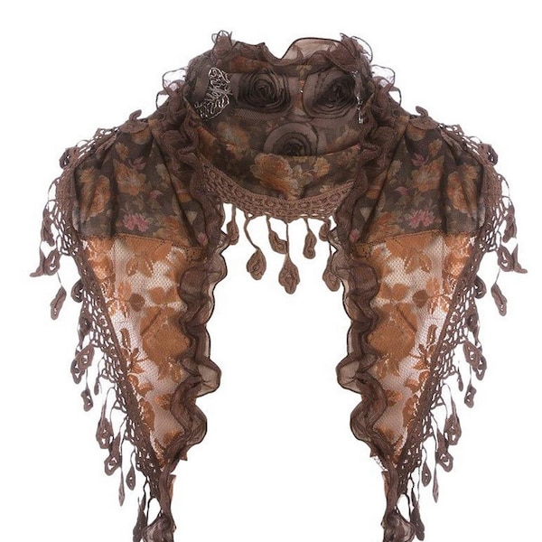 Stunning reversible vintage style triangle scarf shawl wrap with lace and tassels