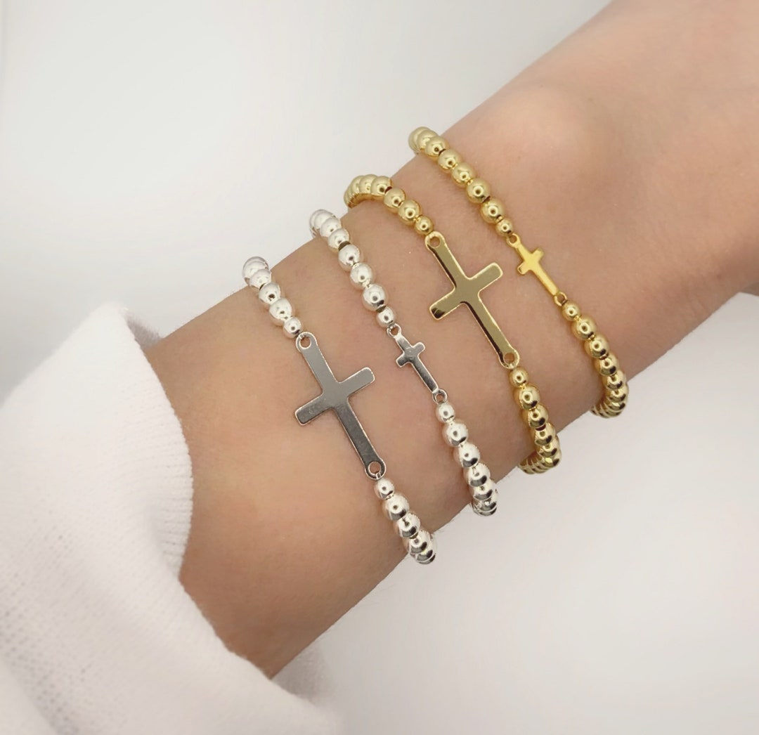 Beaded Cross Bracelet; Sterling Silver Beaded Bracelet; 18k Gold Plated ...