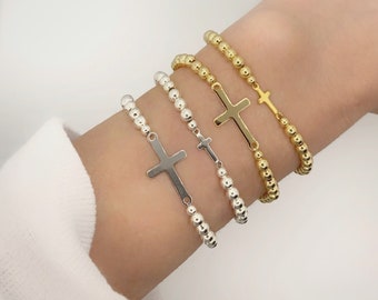 Pulsera de cuentas cruzadas; Pulsera de cuentas de plata esterlina; Pulsera de cuentas chapada en oro de 18 quilates; Pulsera cruzada; Regalo cristiano; Regalo para mujer