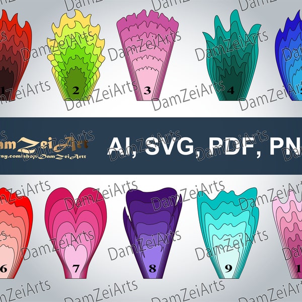 10 SVG Paper Flower Templates PDF, PNG, paper flowers for nursery decor. Digital Download (7 set-flower 61-70)