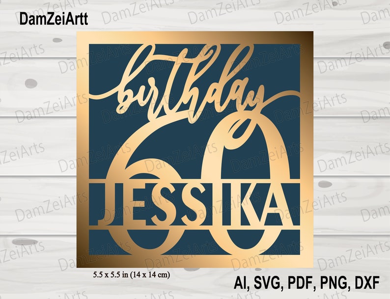 May include: Gold-colored 60th birthday card with the name "JESSIKA" inside the number 60. The card is 5.5 inches by 5.5 inches.