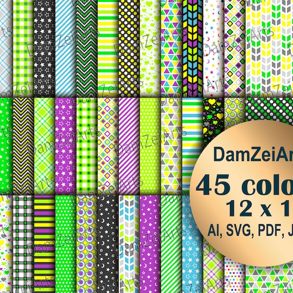 yellow lime green purple Papers, Boys/Girl Digital Papers, stripes polka dots chevron stars hearts Papers, 300 DPI 45 COLOR, ai svg pdf ipeg