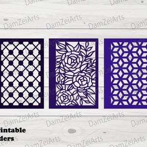 May include: Three printable divider designs. The first design is a geometric pattern with black squares and white lines. The second design is a floral pattern with black roses and leaves. The third design is a geometric pattern with blue diamonds.