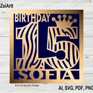 Cartão de aniversário de 15 anos personalizado, svg personalizado, modelo svg de cartão de aniversário para Cricut Cameo