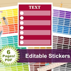 Puede incluir: Una colección de hojas de pegatinas editables y coloridas con el texto "TEXTO" y "Pegatinas editables". Las hojas están sujetas a una superficie de madera con chinchetas. La imagen también incluye el texto "6 Páginas! PDF".