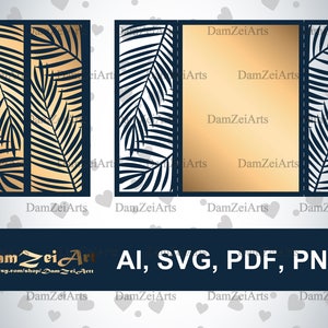 Plantilla de tarjeta de invitación de boda con palmera tropical cortada con láser plegable en puerta 5x7'' Cricut (ai, svg, pdf, png) patrón de archivo vectorial, Descargar