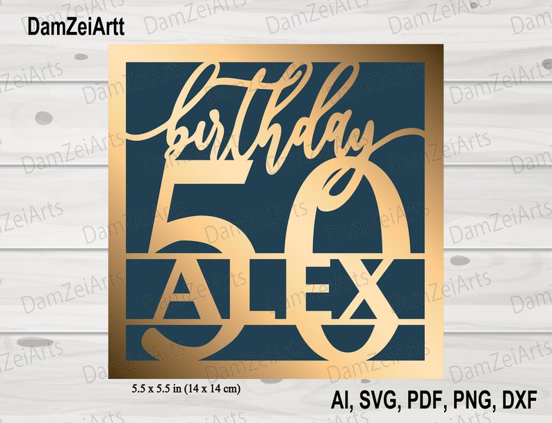 May include: Gold-colored 50th birthday card with the word "birthday" in a script font and the name "ALEX" inside the number 50. The card is 5.5 inches by 5.5 inches.