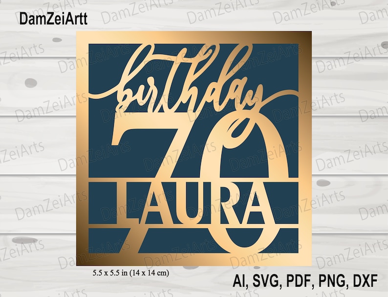 May include: A gold-colored birthday card with the text "birthday" and "70" in a decorative font. The name "LAURA" is written below the number 70. The card is 5.5 inches by 5.5 inches.