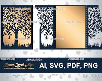 Gate-fold 5x7'' Wedding Invitation Card laser Cut Template (ai, svg, pdf, png) vector file pattern, ornamental panels Digital Download
