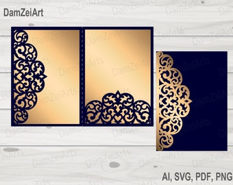 May include: A set of navy blue and gold laser-cut invitation templates. The designs feature intricate floral patterns along the edges. The text "DamZeiArt" is in the upper left corner. The file formats are AI, SVG, PDF, and PNG.