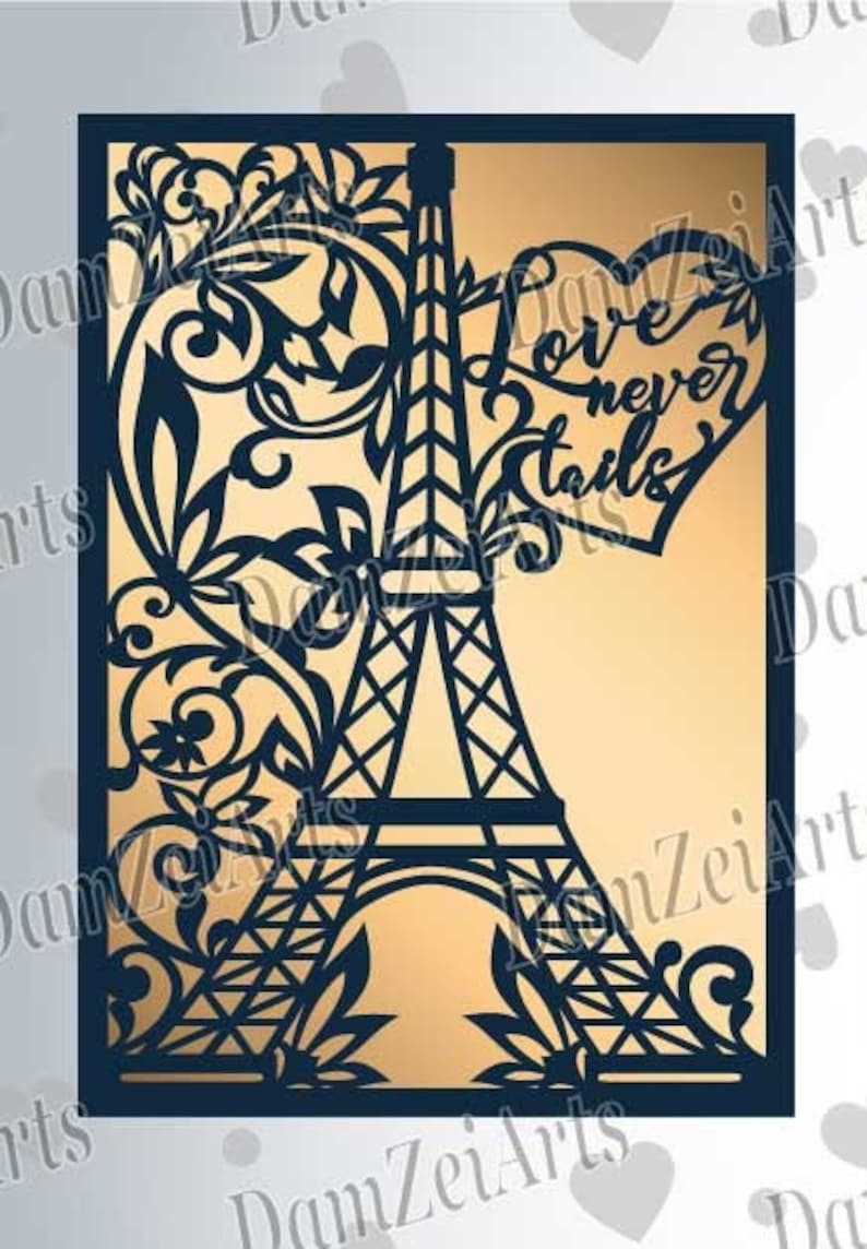 May include: A navy blue laser-cut design featuring the Eiffel Tower, floral elements, and a heart with the words "Love never fails." The design is set against a gold background.