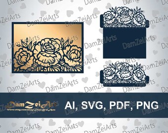 Envelope template 5x7'' piones Wedding Invitation Card laser Cut (ai, svg, pdf, png) vector file pattern, Download