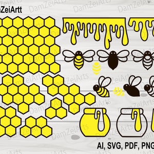 May include: A digital design file set featuring a honeycomb pattern, dripping honey, bees, and honey jars. The design set includes AI, SVG, PDF, PNG, and DXF file formats.
