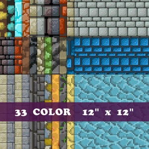 May include: A digital sheet of 33 different pixelated tile textures, each measuring 12 inches by 12 inches. The tiles feature various colors and patterns, including stone, brick, and wood.