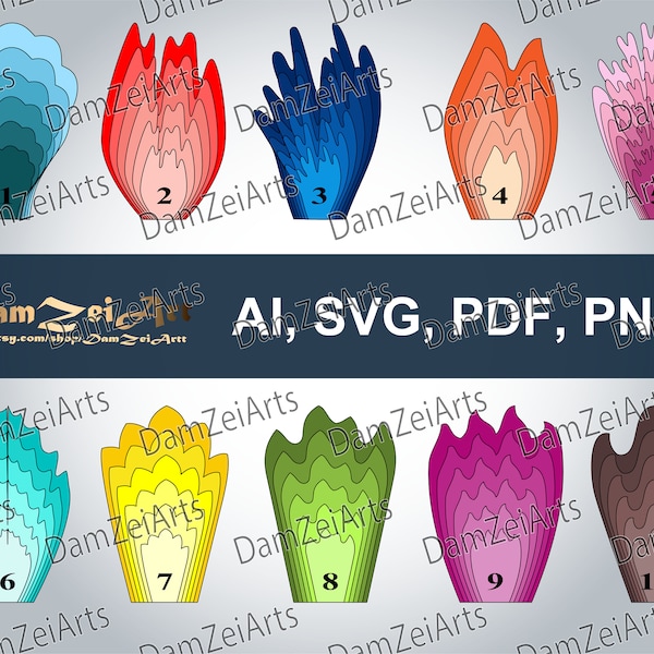 10 SVG Paper Flower Templates PDF, PNG, fiori di carta per l'arredamento vivaio. Download digitale (6 set-flower 51-60)
