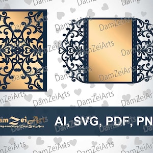 Gate-fold ornamental template 5x7&#39;&#39; Wedding Card laser Cut Template (ai, svg, pdf, png) vector file, ornamental panels Download