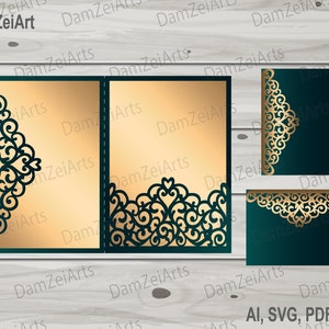 Tri Fold pocket envelope ornamental template 5x7 Wedding Card laser Cut Template (ai, svg, pdf, png) vector file, ornamental panels Download