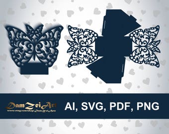 Wedding Favor Box Template Butterfly Laser cut (ai, svg, pdf, png) vector file pattern, ornamental panels Download