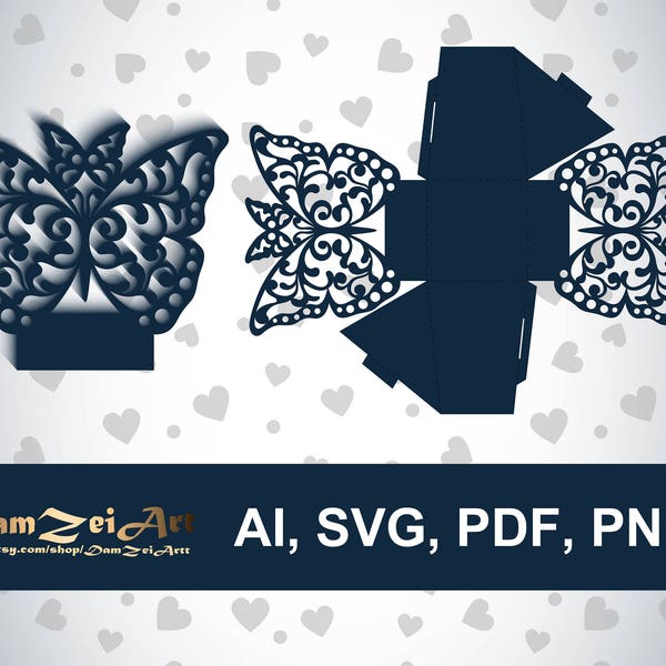 Wedding Favor Box Template Butterfly Laser cut (ai, svg, pdf, png) vector file pattern, ornamental panels Download