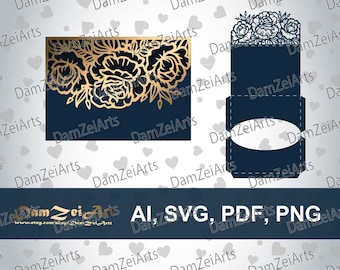 Envelope template 5x7'' piones Wedding Invitation Card laser Cut (ai, svg, pdf, png) vector file pattern, Download