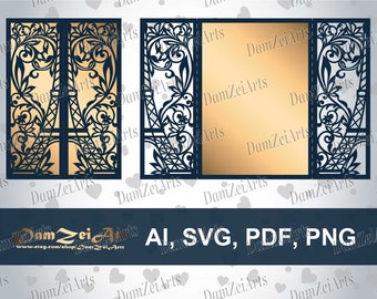 May include: A digital download of a laser cut file for a wedding invitation or card. The design features a black silhouette of a decorative frame with a floral pattern and a stylized Eiffel Tower.