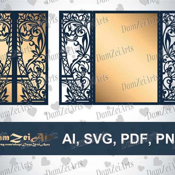Gate-fold 5x7'' Paris Eiffel Tower Wedding Invitation Cardt files Template (ai, svg, pdf, png)cricut silhouette cameo digital download