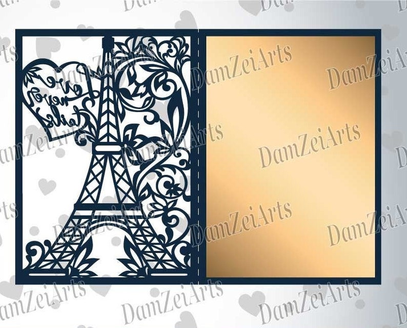 May include: A navy blue laser-cut card featuring the Eiffel Tower and floral designs. A heart with the words "Forever Salia" is above the tower. The card opens to reveal a gold-colored interior. The card is a romantic theme.