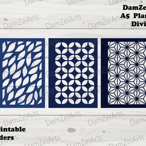 May include: Three printable A5 planner dividers with geometric designs. The dividers are blue and feature a leaf pattern, a circle pattern, and a star pattern.