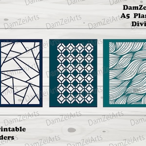 May include: Three printable A5 planner dividers with geometric designs. The dividers are in a teal color with white geometric patterns. The designs include a geometric pattern, a diamond pattern, and a wavy pattern.