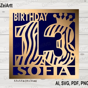 Cartão de aniversário de 13 anos personalizado, svg personalizado, modelo svg de cartão de aniversário para Cricut Cameo