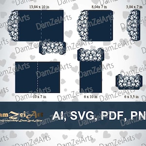 Set Tri Fold pocket envelope template 5x7'' Wedding Card laser Cut Template (ai, svg, pdf, png) fichier vectoriel, panneaux ornementaux Télécharger
