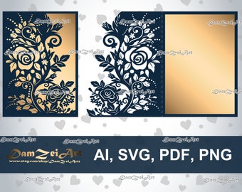 5x7'' Roses Wedding Invitation Card laser Cut Template roses lace stencil (ai, svg, pdf, png) vector file pattern, Digital Download