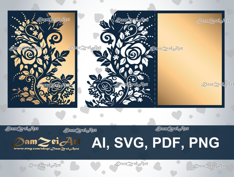 5x7'' Roses Wedding Invitation Card laser Cut Template roses lace stencil ai, svg, pdf, png vector file pattern, Digital Download image 1