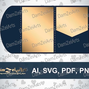 Tri Fold Briefumschlag Vorlage 5x7'' DIY Classic Pocket Hochzeitseinladung Laser Cut (ai, svg, pdf, png) VektorDatei Muster, Download
