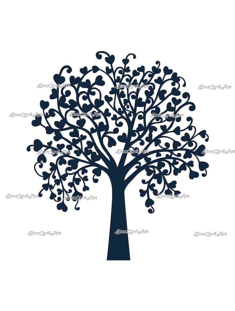 May include: A navy blue tree silhouette with heart-shaped leaves and a thick trunk. The tree's branches are filled with intricate heart-shaped leaves, creating a detailed and decorative design against a white background.