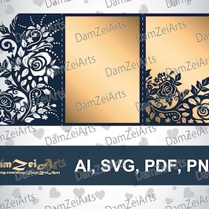 Set Tri Fold Tasche Umschlag Vorlage 5x7 Rosen Hochzeit Einladungskarte Laser geschnitten (ai, svg, pdf, png) Vektordatei Muster, digitaler Download