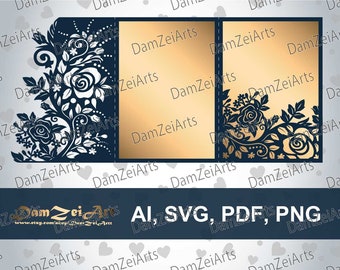 Set Tri Fold pocket envelope template 5x7 Roses Wedding Invitation Card laser Cut (ai, svg, pdf, png) vector file pattern, Digital Download