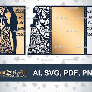 laser Cut Template 5x7'' "Love is all you need" Wedding Invitation Card (ai, svg, pdf, png) vector file pattern, ornamental panels Download