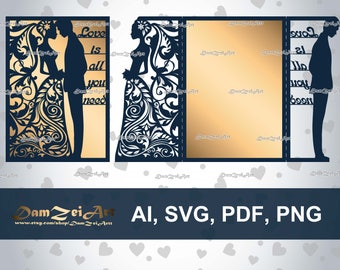 laser Cut Template 5x7'' "Love is all you need" Wedding Invitation Card (ai, svg, pdf, png) vector file pattern, ornamental panels Download