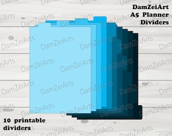 Pode incluir: Dez divisórias de planner A5 imprimíveis em tons de azul e preto. As divisórias são projetadas para se ajustar a um planner A5 padrão.