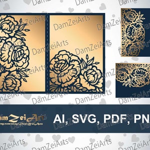Modelo de envelope de bolso dobrável em três partes 5x7 '' piones Cartão de convite de casamento cortado a laser (ai, svg, pdf, png) padrão de arquivo vetorial, Baixar