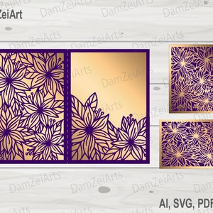 Tri Fold pocket envelope template 5x7 flower Wedding Invitation Card laser Cut (ai, svg, pdf, png) vector file pattern, Digital Download