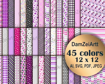Pink and purple Baby Papers, Boys/Girl Digital Papers, stripes polka dots chevron stars hearts Papers, 300 DPI 45 COLOR, ai svg pdf ipeg